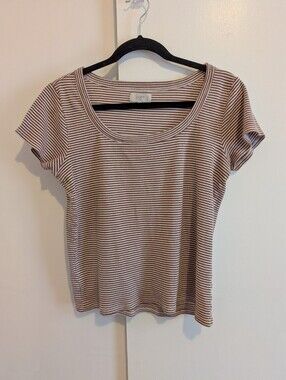 LOFT Outlet Brown and White Striped Scoop Neck Short Sleeve Tee Size Medium